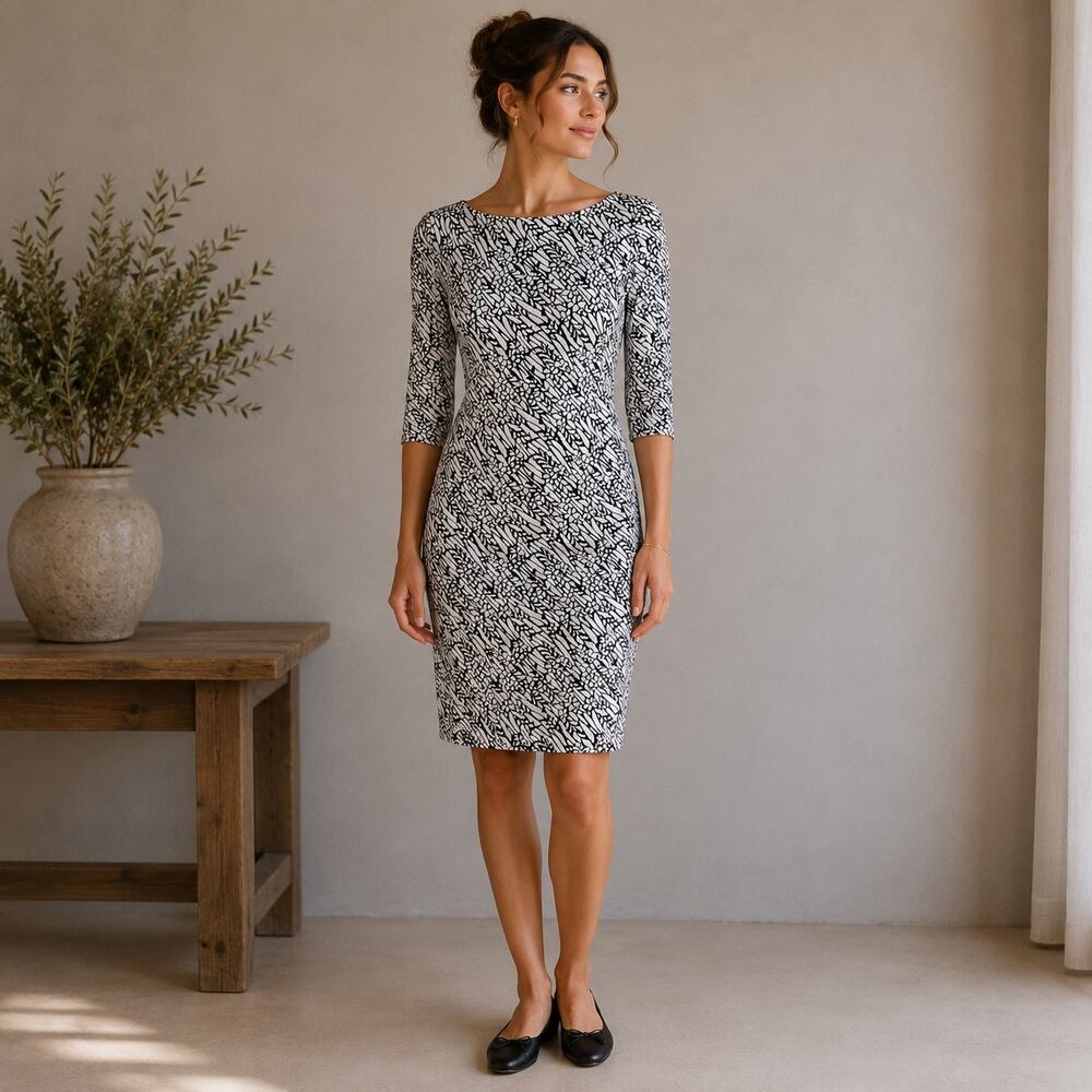 Kay Unger Black  Floral Print Silk Boatneck 3/4 Sleeve Dress 2